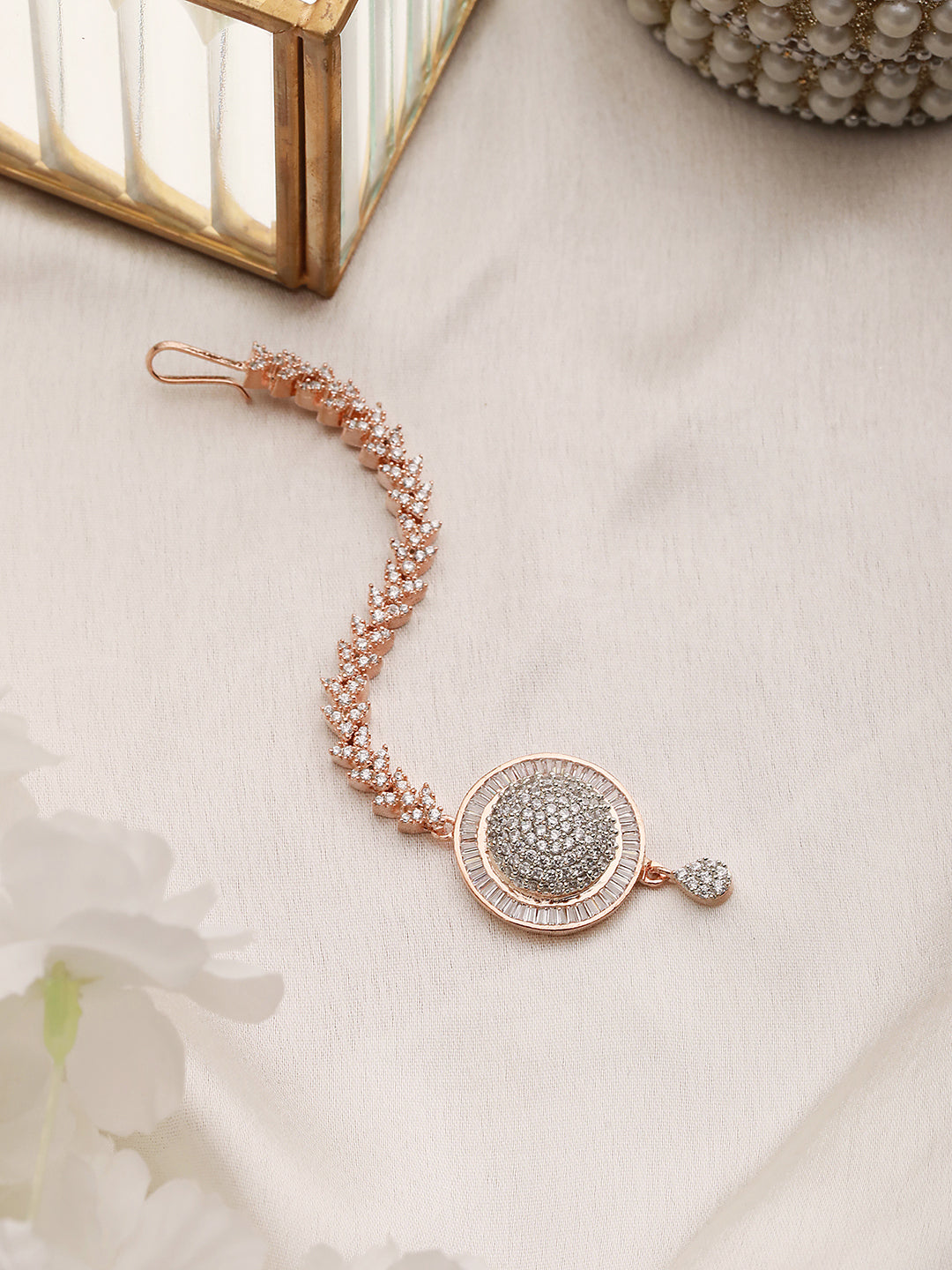 Unique Diamond clustered Maang Tikka round shaped Rose Gold plated AD studded for Women & Girls